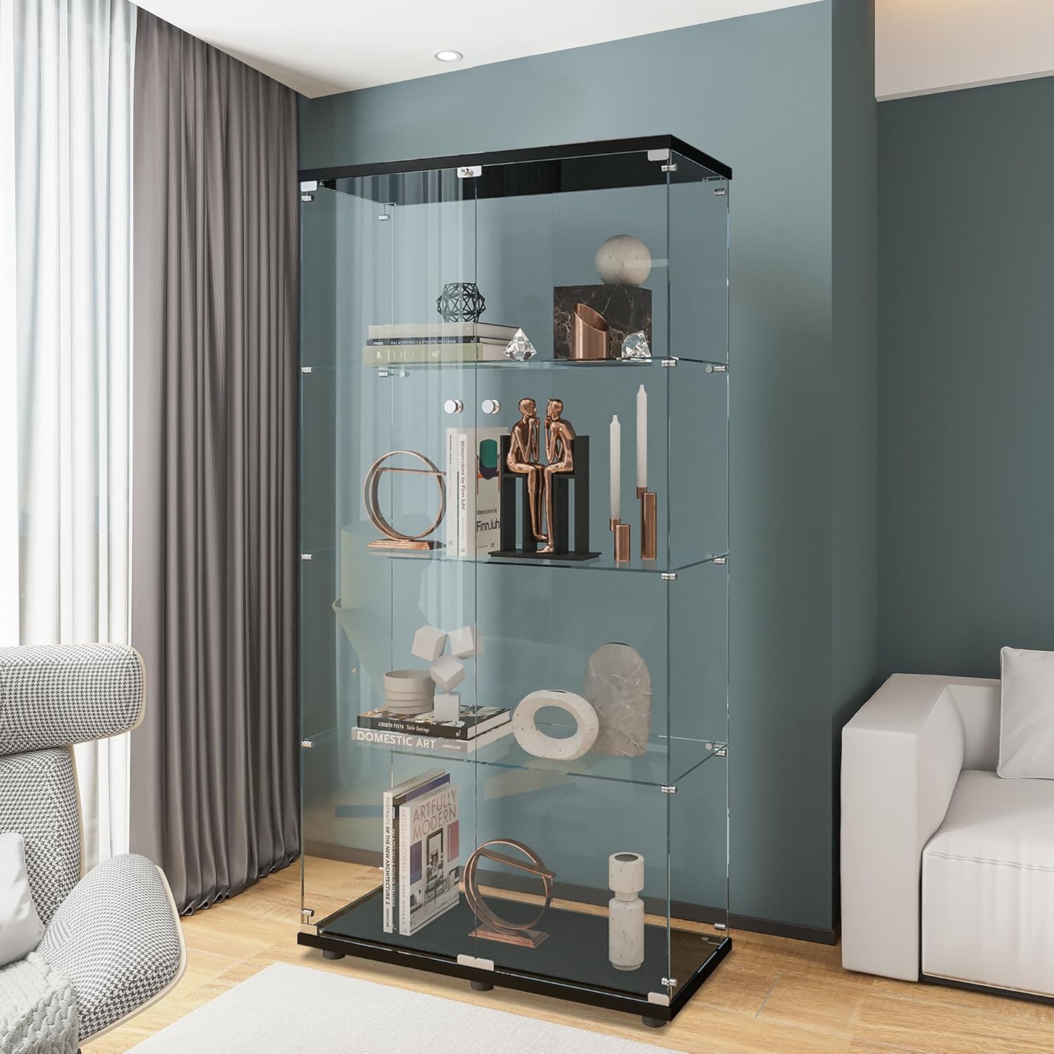Cocktail Shaker Set - Glass Display Cabinet with 4 Shelves,